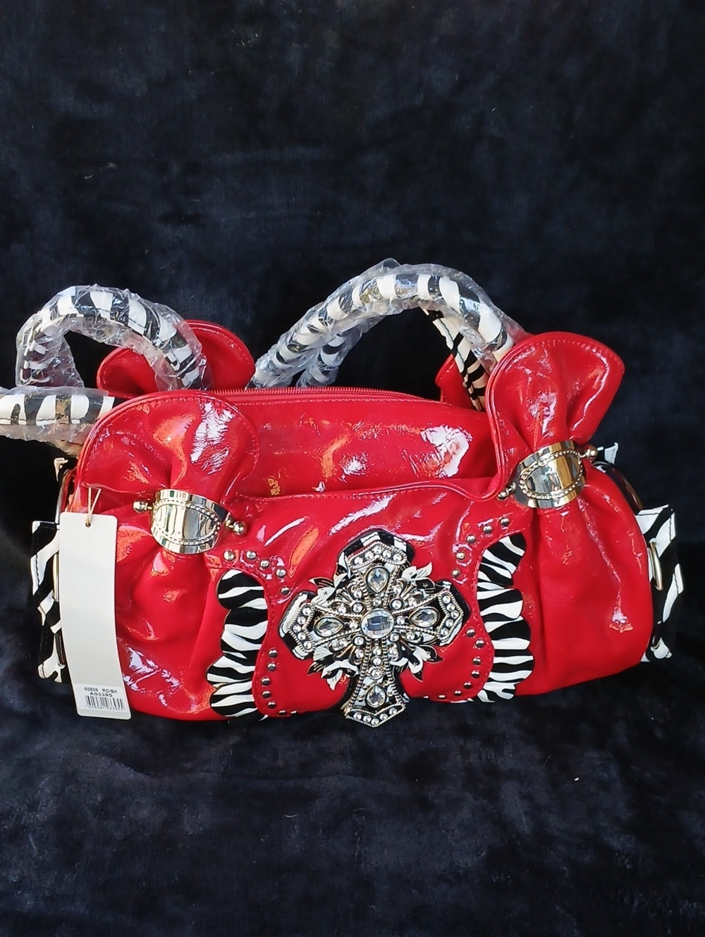 Red Patent Shoulder Bag with Crystal Cross Accent